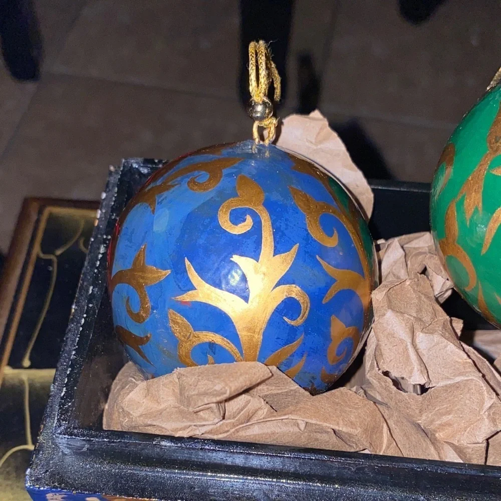 BX40 Vintage Hand Painted Italian Florentino Wooden Christmas Ornaments W/Box